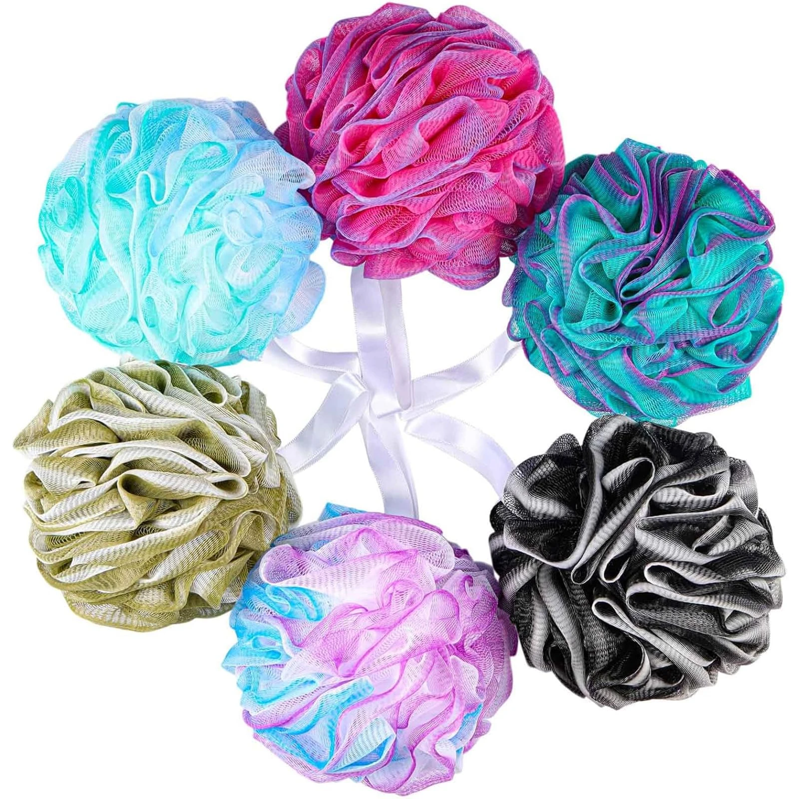 6 Pack 75g/Pc Large Loofahs Shower Sponge, Mesh Pouf Bath Sponges Exfoliating Body Scrubber Shower Scrunchies (A Color)
