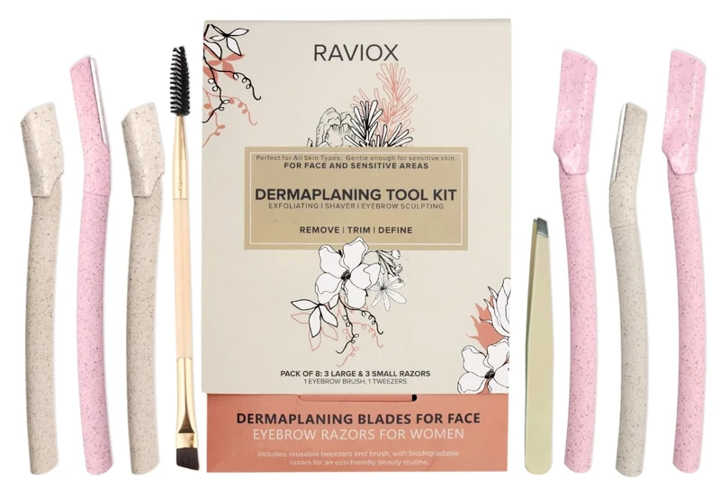 Eyebrow Razor for Women – 6 Dermaplaning Blades for Face with Tweezers & Eyebrow Brush – Facial Hair Removal, Exfoliating, Eyebrow Shaping & More