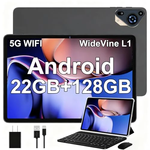 Tablets 10 Inch Android 14 with 22 GB RAM + 128 GB Storage (1TB Expand), 8000 mAh, Widevine L1, Octa-Core, 5G Wi-Fi BT5.0, USB-C,1280 x 800 FHD IPS Tablet with Kayboard + Mouse + Case, Dark Grey