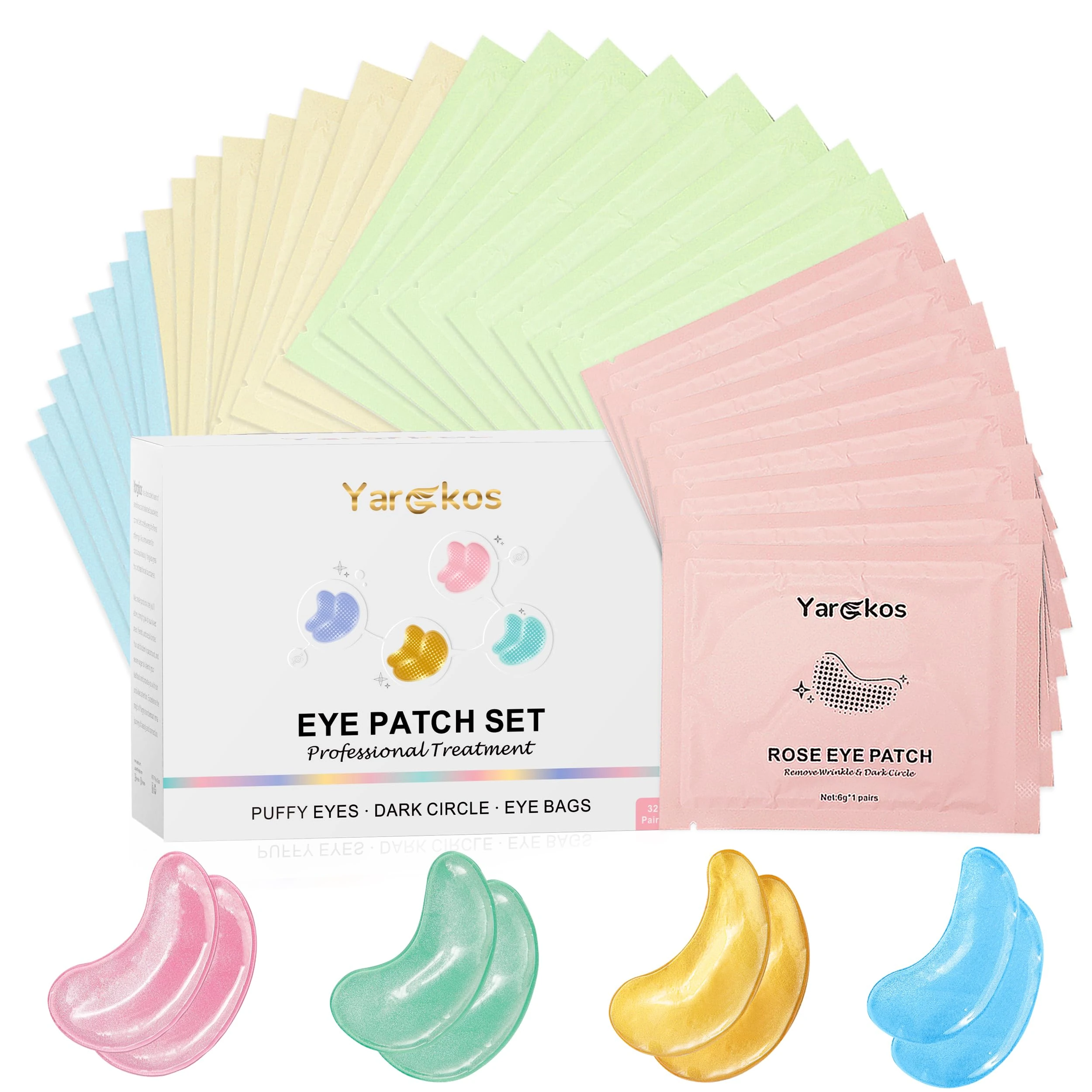 32 Pairs 4 Color Under Eye Patches, Collagen Undereye Pads, Hydrating Eye Masks for Anti Wrinkles Puffy Eyes Dark Circles, Puffiness Eye Bags Gel Pads, Travel Skincare Set, 24K Gold+Blue+Pink+Green