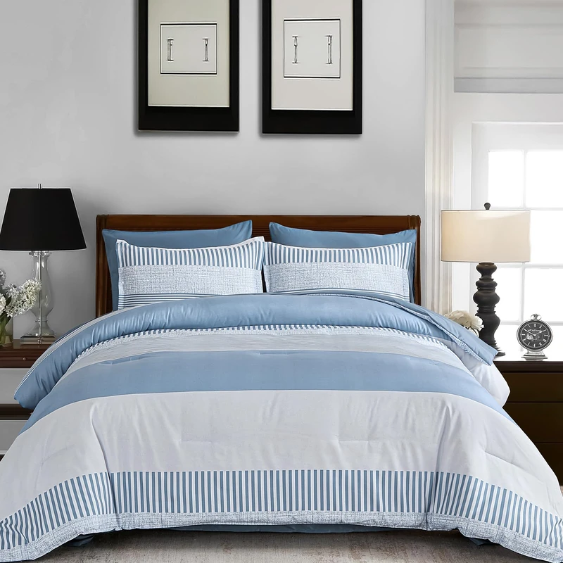 Blue Comforter Set Queen Size,Boho Striped Comforters for Boys & Girls,7 Pieces Bed in A Bag Simple Neutral-Style Bedding Sets for Kids Teen