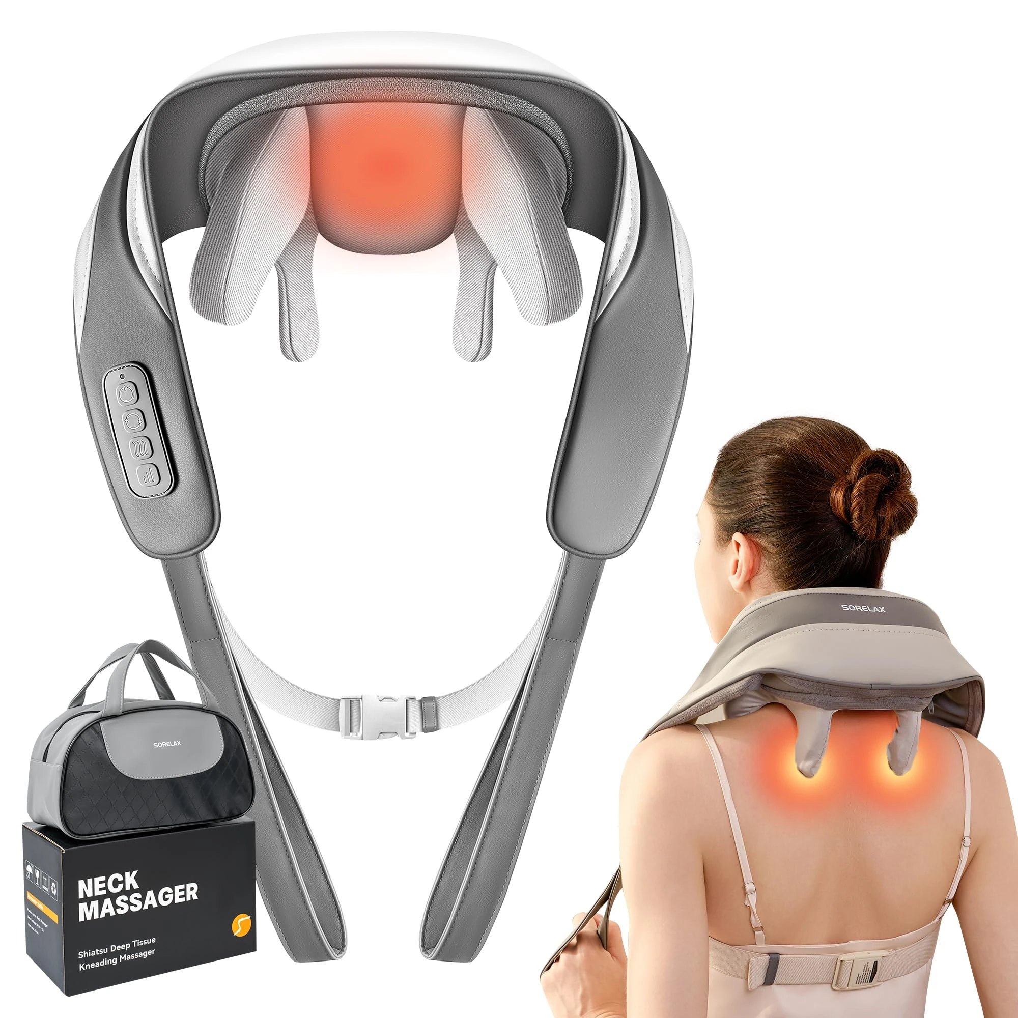 Neck Massager for Pain Relief Deep Tissue, Shiatsu Neck and Back Massager With Heat, Electric Massage Pillow for Shoulder Leg Body Muscle Pain Relief, Gifts For Women Men Mom Dad (Greywith bag)