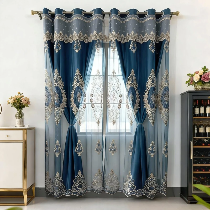 Amidoudou 1 Pair European Luxury Double Layered Flower Curtains Curtains Embroidered Curtains with Valance for Living Room Bedroom Balcony (Blue,52x84 Inch)