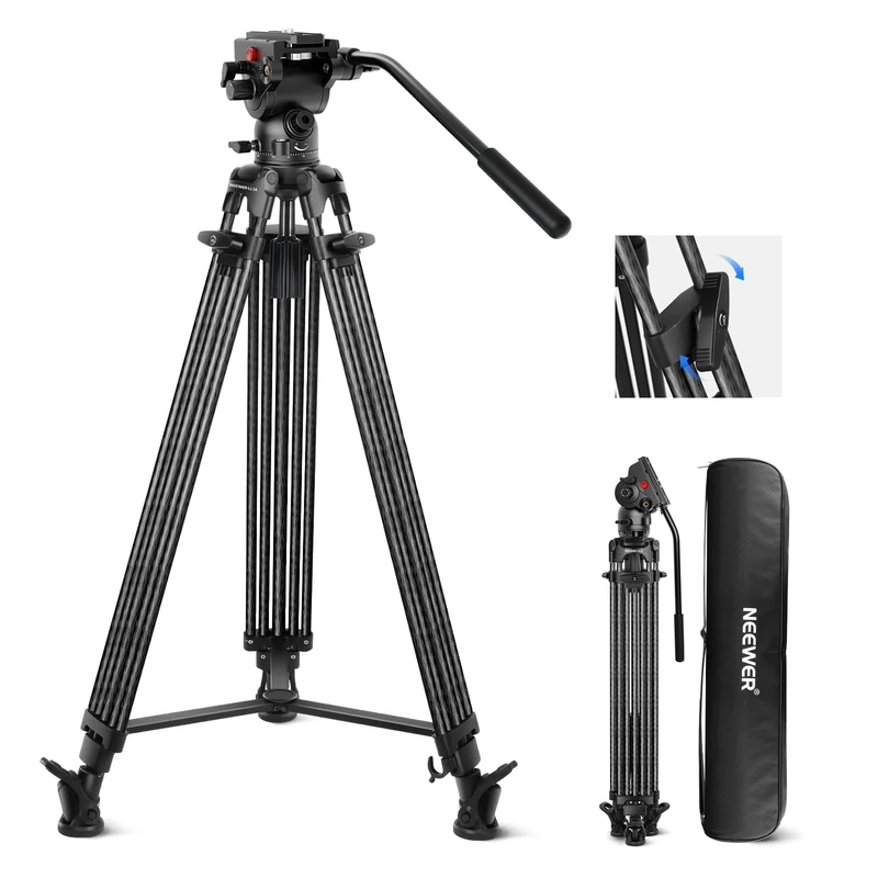 NEEWER LL34 78" Video Camera Tripod One Step Quick Release with Adjustable Damping Fluid Head, Heavy Duty Carbon Fiber Tripod with Dual Mode QR Plate, Max Load 22lb