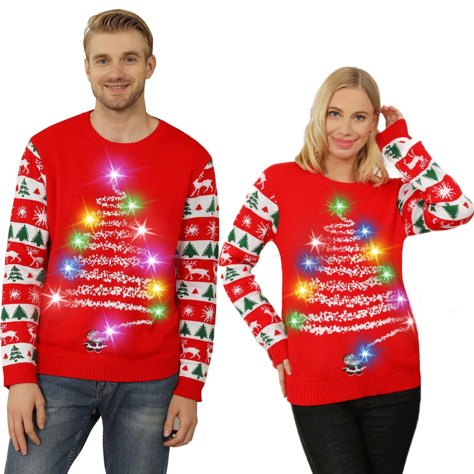Kouric Light Up Christmas Jumper for Women Men Uk,Christmas Jumpers for Couples Adult,Unisex Flashing Ugly Christmas Sweater,Festive Rude Red Sparkly Xmas Sweaters Pullover with Long Sleeve Santa Tree