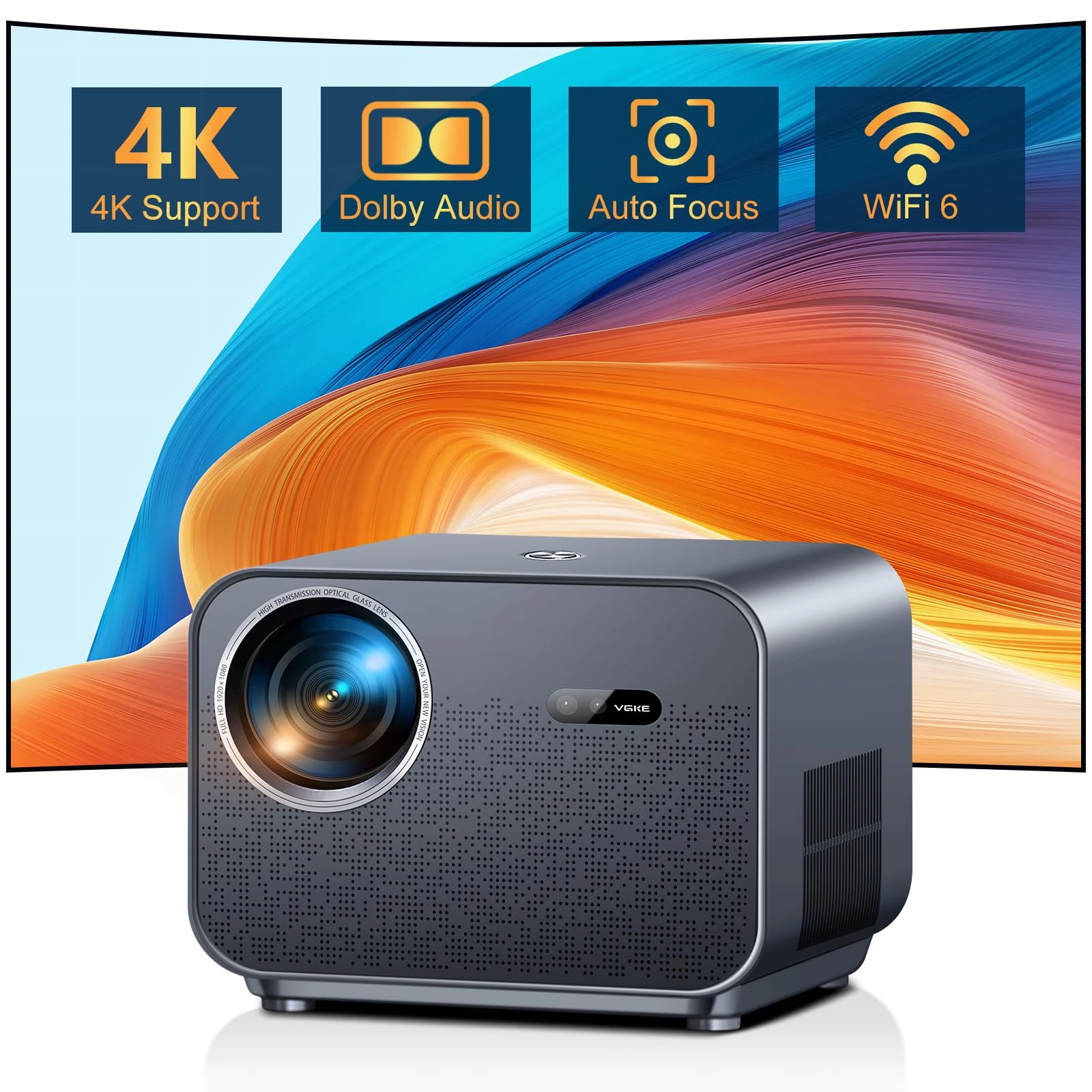 VGKE Smart Netflix Projector, Auto Focus & Keystone, 350 ANSI Full HD 1080p WiFi 6 Bluetooth Projector with Dolby Audio/YouTube/Prime Video, Outdoor/Home Cinema