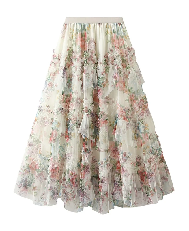 Mrkeung Womens Skirts Midi Skirts Floral A-Line High Waist Elastic Skirts for Women Ladies Fairy Skirt-152 - Image 1