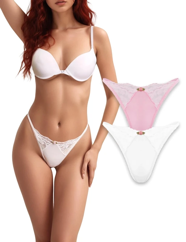 FULLJOYLOVE Women Lace G-String Thongs Sexy Valentine's Day Tangas Breathable Bikini Underwear Low Waist Briefs 2 Pack