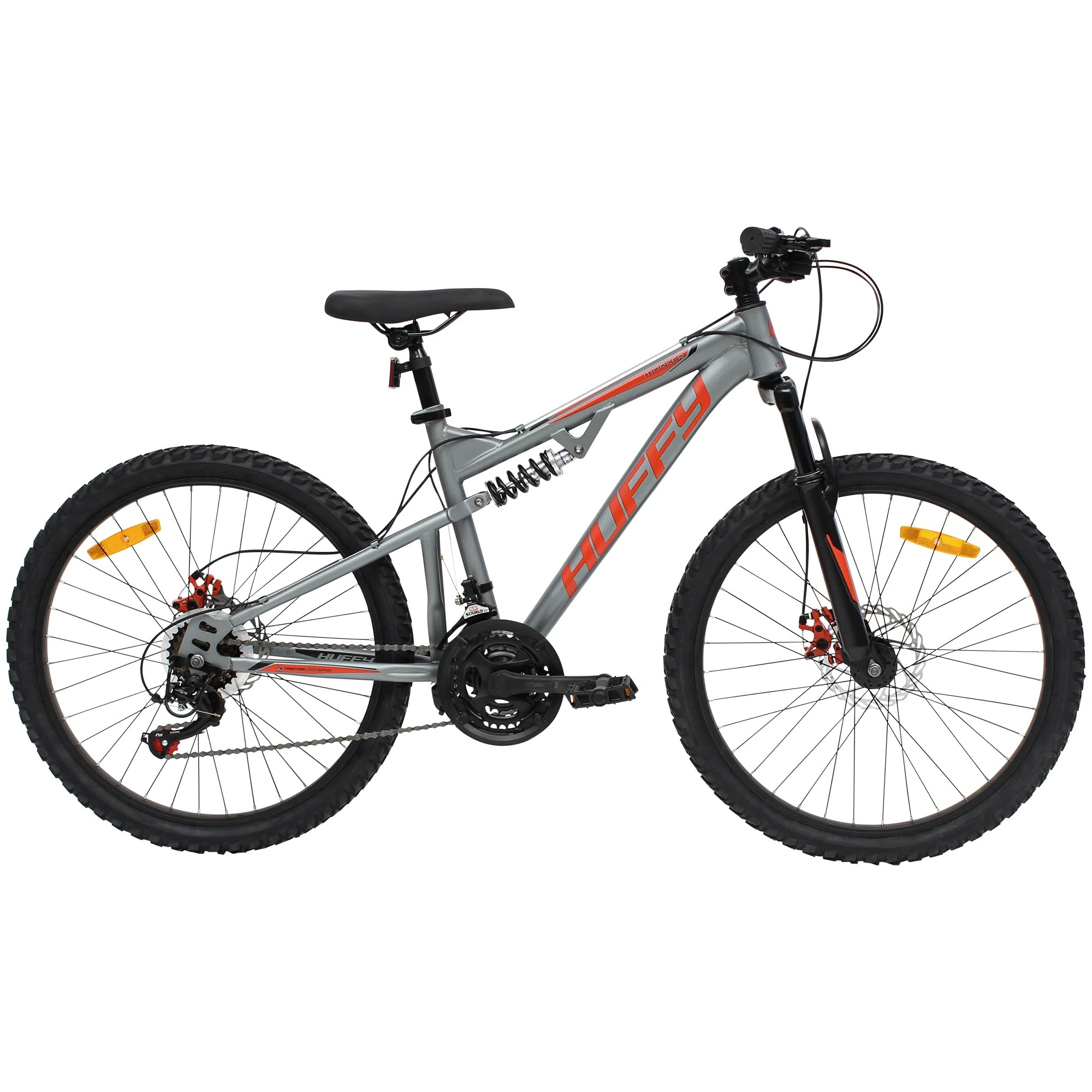 Huffy Marker 24" Full Suspension Mountain Bike, Grey – Boys MTB Age 12+, 21-Speed + Disc Brakes - Fits Riders 4'8"- 5'6" Tall