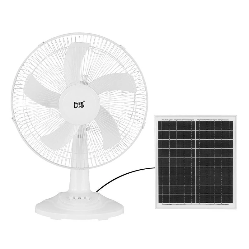 WatioWave DC Solar Fan Table Fan White 20W, with 3 speeds and 5 White Blades. Dimensions: 63 x 43 x 30.5 cm. Includes 4.2 m Cable for Convenience and Versatility.