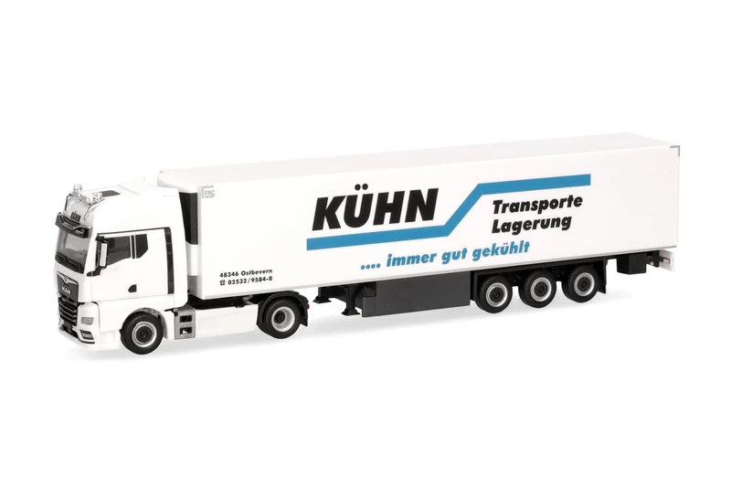 Herpa Truck Model MAN TGX GX Refrigerated Box Semi-Trailer "Kühn Kühltransporte" (North Rhine-Westphalia/Ostbevern), miniature in 1:87 scale, collector's item, Made in Germany, plastic