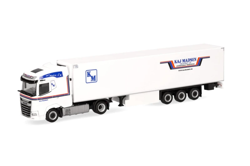 Herpa Truck Model DAF XG Refrigerated Box Semi-Trailer "Kaj Madsen" (Denmark/Kolding), miniature in 1:87 scale, collector's item, Made in Germany, plastic