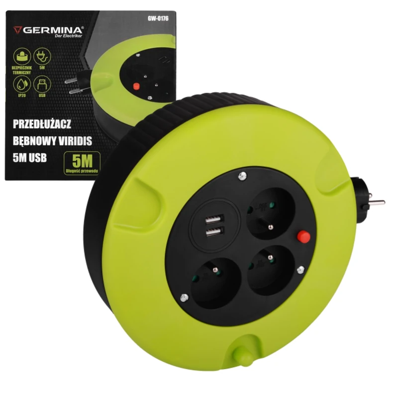 Germina Garden Reel Extension Cable IP20 5m Thick Winding Crank + 3 Outlets + USB