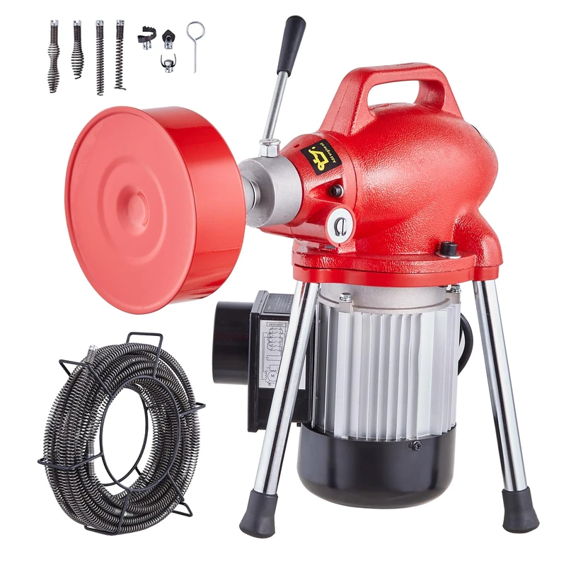 VEVOR Pipe Unblocker 250 W Pipe Cleaning Machine 20 m x 16 mm Manual Pipe Cleaner 7 Cutters 2 Steel Cables 20 m x 16 mm/4.6 m x 9.5 mm Control CW/CCW for 4-10 cm Pipes