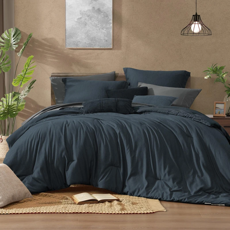Monbix Queen Comforter Set 7 Pieces Navy Blue Cationic Dyeing Bed in a Bag