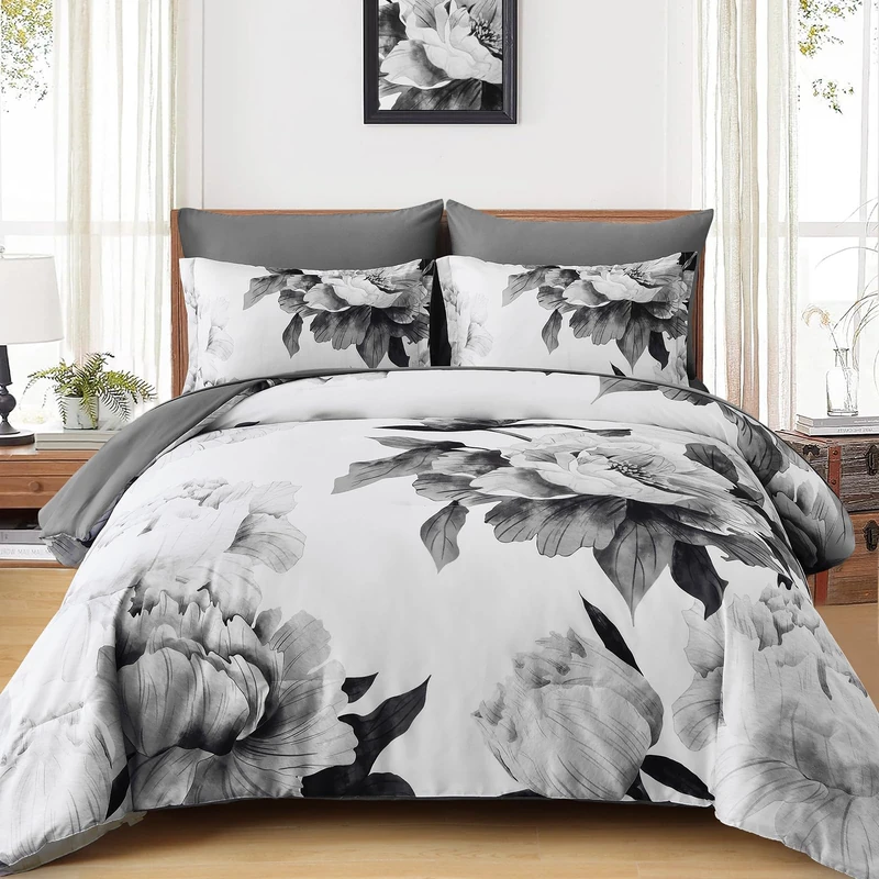 Dobuyly California King Comforter Set 7 Piece Bed in a Bag, Grey Floral Printed on White Comforter Set with Sheets, Soft Microfiber Botanical Cal King Bedding Set for All Season