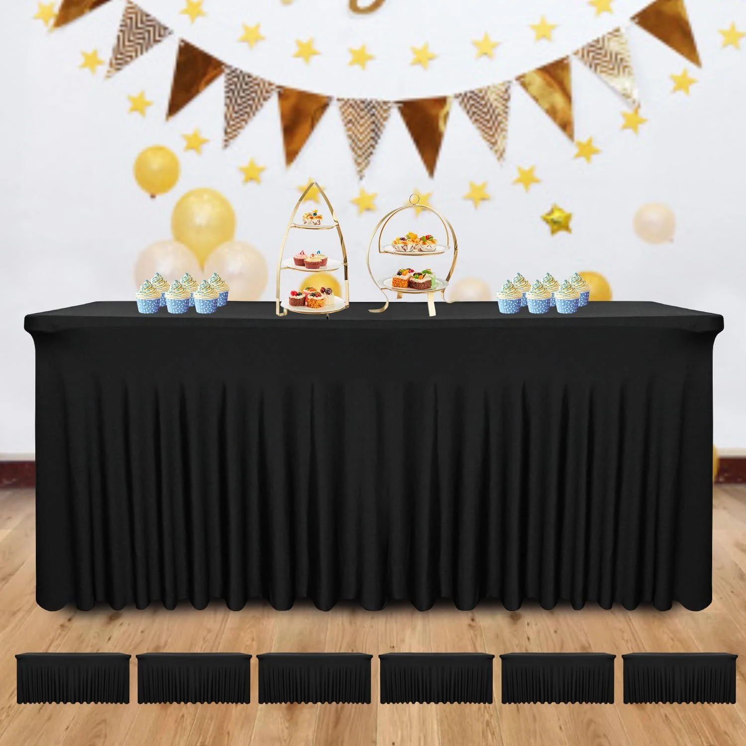 Yoquare 6 Pack Black Rectangular Table Skirt, 72''L x 30''W x 30''H, Polyester, Spandex Blend, Wrinkle Resistant, Suitable for 6 Foot Rectangular Tables, Ideal for Parties, Banquets, Birthdays