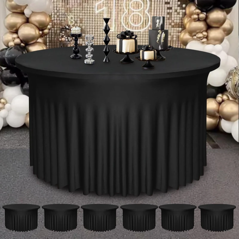 6 Pack Black 48Inch Round Table Skirt | Round Tablecloth for 4FT Tables|Polyester Spandex Round Table Cloths With Skirt|Stain Wrinkle Resistant Washable Fabric for Wedding,Party,Dining,Banquet