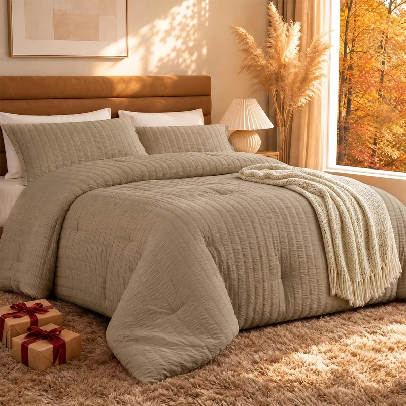 Quataly Brown Twin/Twin XL Comforter Set - 2 Pieces Seersucker Lightweight Bedding Comforter Sets (1 Soft Fluffy Comforter & 1 Pillowcase) - All Seasons Cozy Modern Bed Sets for Women Men