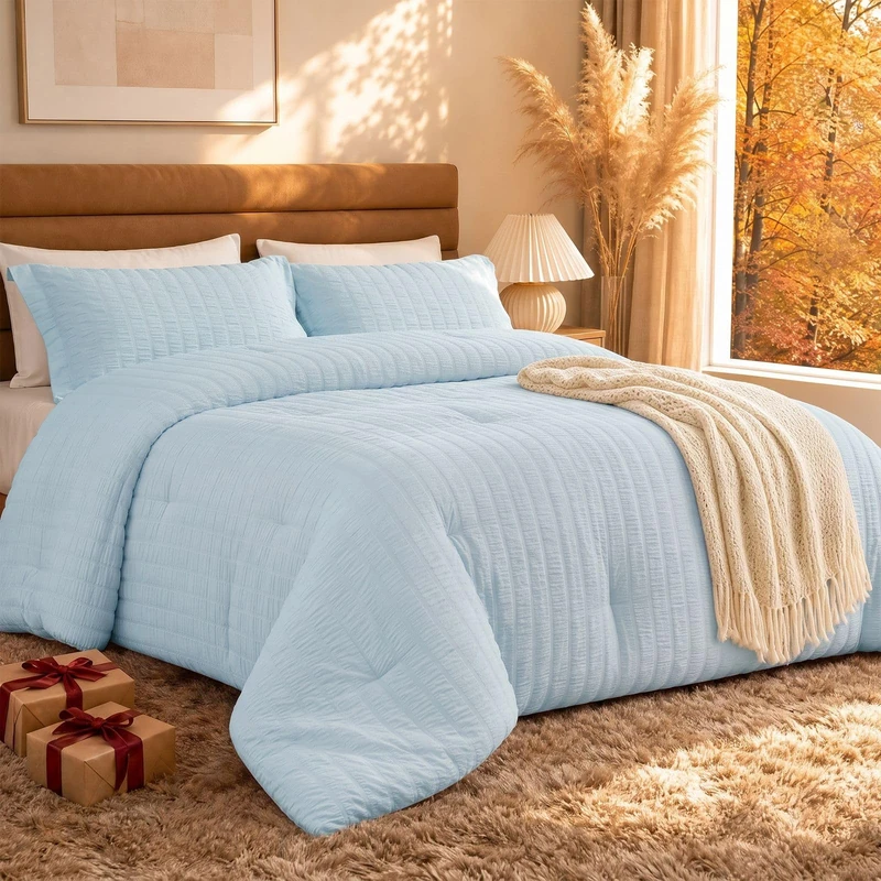 Quataly SkyBlue King Comforter Set - 3 Pieces Seersucker Lightweight Bedding Comforter Sets (1 Soft Fluffy Comforter & 2 Pillowcases) - All Seasons Cozy Modern Bed Sets
