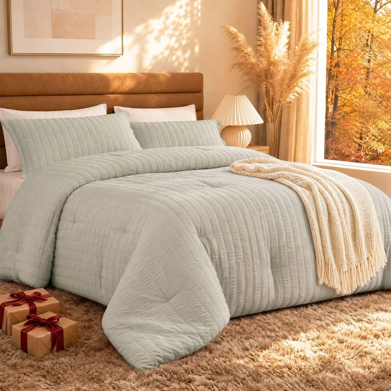 Quataly Queen Comforter Set 3PCS Seersucker Lightweight Bed Set for All Season,1 Elegant Light Tan Oatmeal Comforter (90"x90") and 2 Soft Pillowcases (20"x30")
