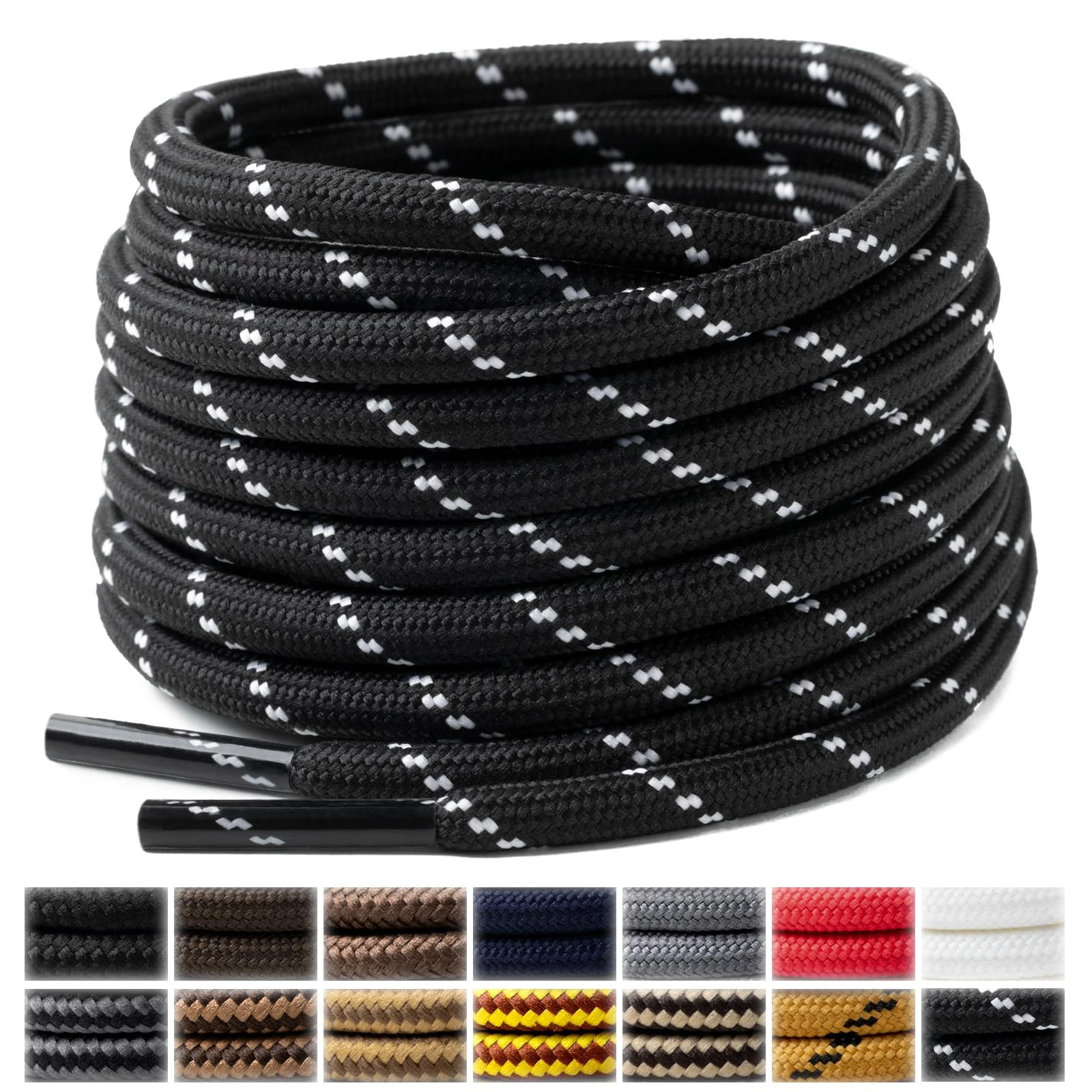Handshop 2 Pairs Round Boots Shoe laces 4 mm Heavy Duty and Durable Hiking Work Boots Shoe Laces Black White Dot 120cm