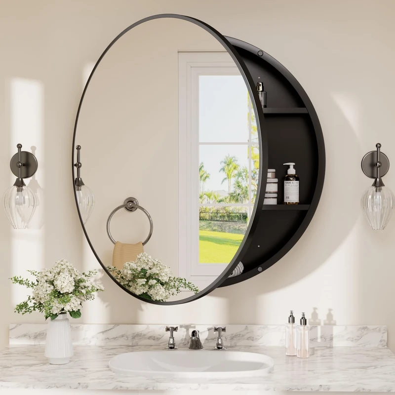 TETOTE Bathroom Mirror Cabinet 28 x 28 Black Round Bathroom Medicine Cabinet with Mirror Adjustable Shelves Farmhouse Wall Mirror with Storage Surface Mounted