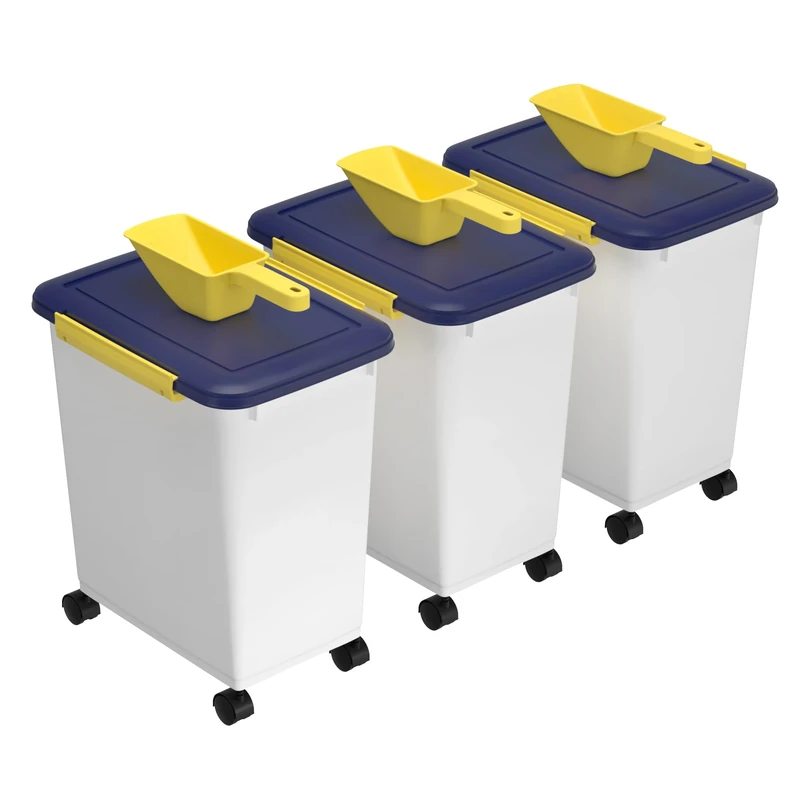 Cetomo 32L*3 Dog Food Storage Container, Airtight Food Containers with Wheels, Silicone Seal, Snap Locks, Plastic Pet Food Bin with Lid for Dogs, Pets, White & Blue & Yellow, 32L/12kg-3 Pack(3 Scoops) - Image 1