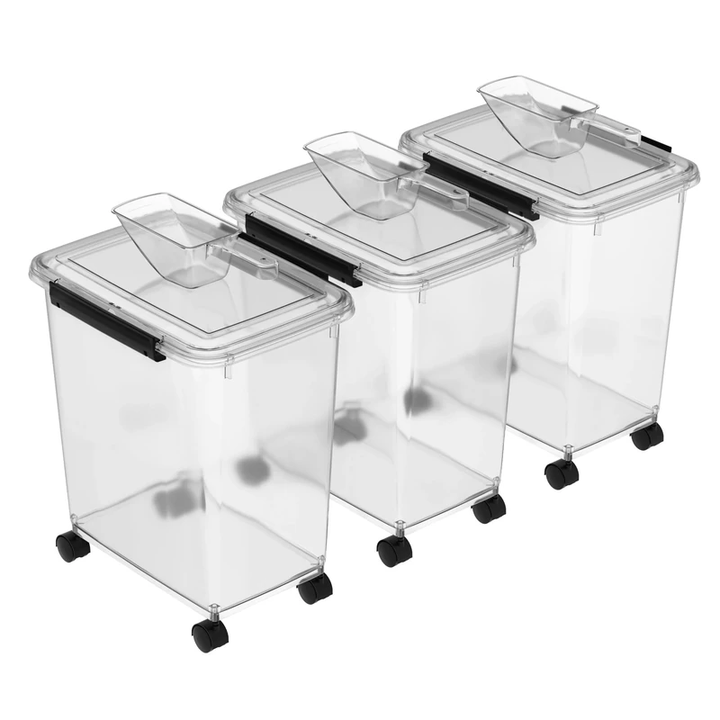 Cetomo 32L*3 Dog Food Storage Container, Airtight Food Containers with Wheels, Silicone Seal, Snap Locks, Plastic Pet Food Bin with Lid for Dog, Cat Food, Pet, Animal, Clear, 32L/12kg-3 Pack(3 Scoops)