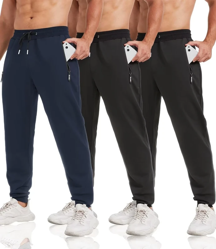 lomsoe 3 Pack Sweatpants for Men Tapered Mens Joggers Pants with Zip Pockets Slim Fit Running Gym Sweat Pants Gifts for Men, Black,black,navy, X-Large