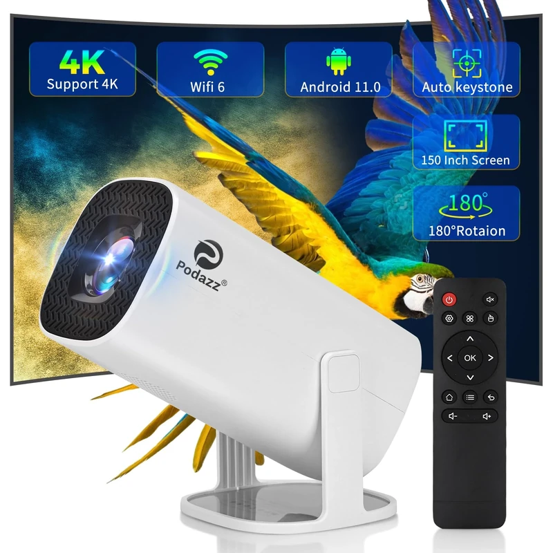 Projector, Podazz Mini Projector 4K Support - With WiFi6 BT 5.4 Android 11, Protable Projec-tor Auto Horizontal Correction, 180°Rotatable Outdoor Movie Smart Compatible with Phone