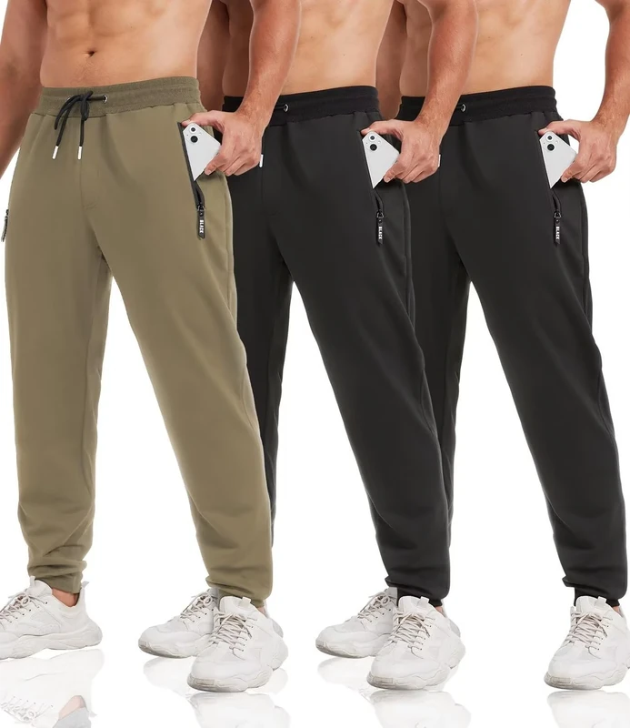 lomsoe 3 Pack Sweatpants for Men Tapered Mens Joggers Pants with Zip Pockets Fleece Slim Fit Workout Running Gym Sweat Pants, Black,black,khaki, X-Large