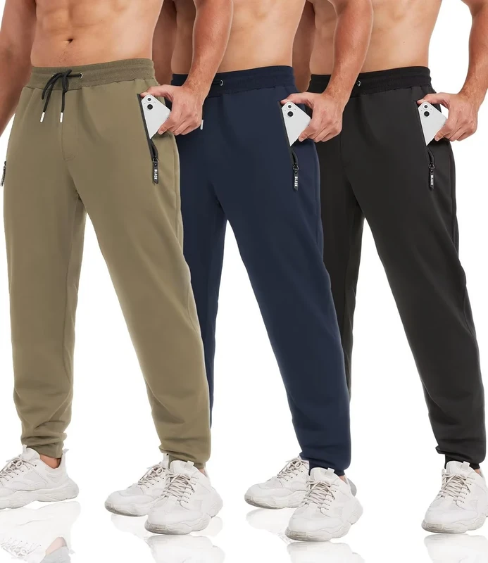 lomsoe 3 Pack Sweatpants for Men Tapered Mens Joggers Pants with Zip Pockets Slim Fit Running Gym Sweat Pants Gifts for Men, Black,navy,khaki, Large