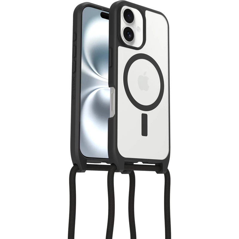 OtterBox React Series Necklace MagSafe Case for iPhone 16, Ultra-Slim, Protective Case with Adjustable and Detachable Necklace Strap, Tested to Military Standard, Clear/Black, Non-Retail Packaging