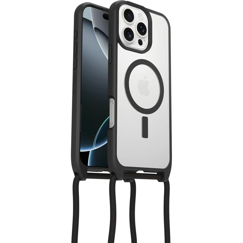 OtterBox React Series Necklace MagSafe Case for iPhone 16 Pro Max,Ultra-Slim,Protective Case with Adjustable and Detachable Necklace Strap,Tested to Military Standard,Clear/Black,Non-Retail Packaging