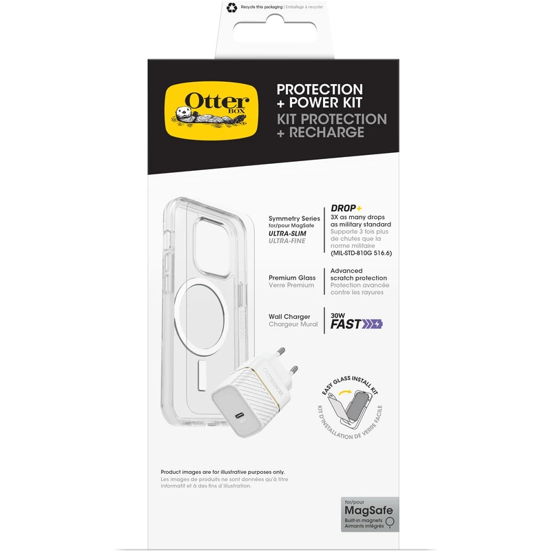 OtterBox Drop Protection Bundle for iPhone 16 Pro; Symmetry Series Clear MagSafe Protetive Thin Case, Premium Glass Screen Protector and EU 30W USB-C Fast Wall Charger