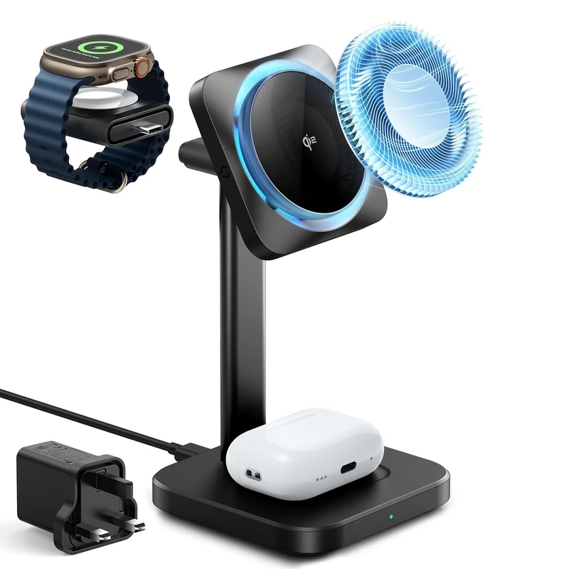 ESR for 3 in 1 Wireless Charging Station with CryoBoost, [Certified] Apple Watch Charger & 15W Charger Stand, Phone-Cooling Wireless Charger, for iPhone 17/16/15/14/13, Watch & AirPods, Black