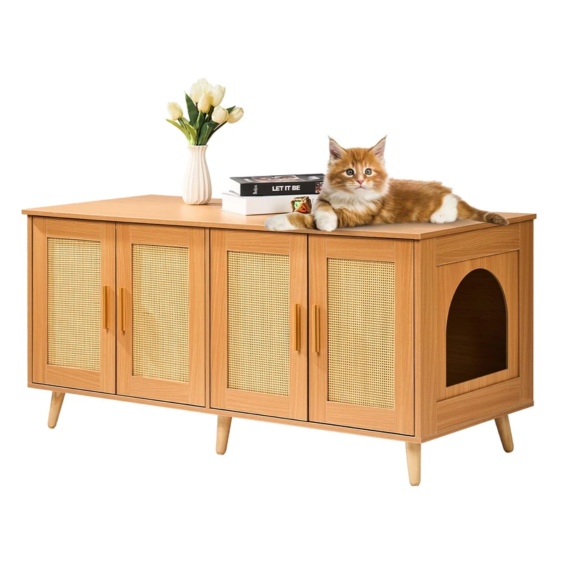VEVOR Hidden Bathroom Furniture for 2 Cats 1.2 x 0.5 x 0.55 m Cat Toilet House with Decorated Rattan Doors Wooden Cabinet to Hide Litter Boxes for Cats, Natural Colour - Image 1