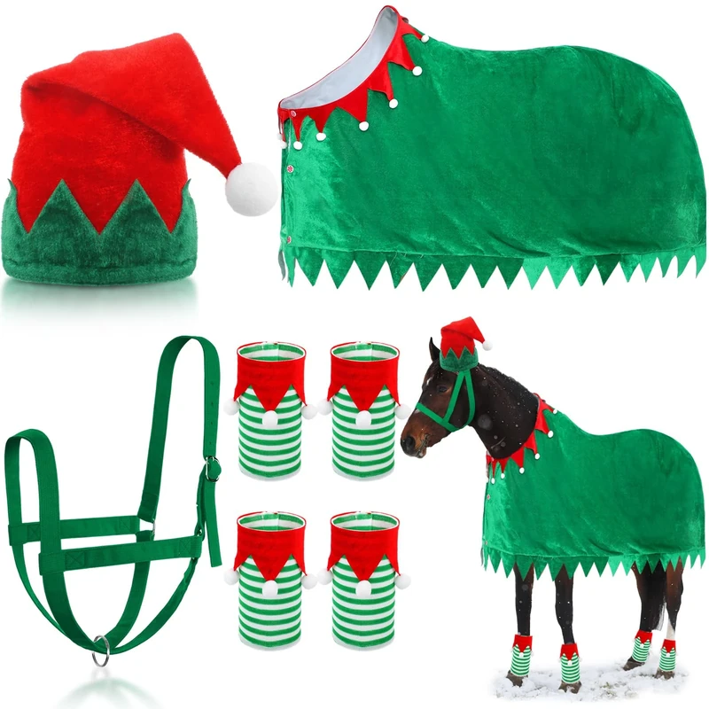 Paterr 7 Pcs Christmas Horse Accessory Set Xmas Santa Elf Horse Cape Halters Leg Wraps Hat Tack Costume Set