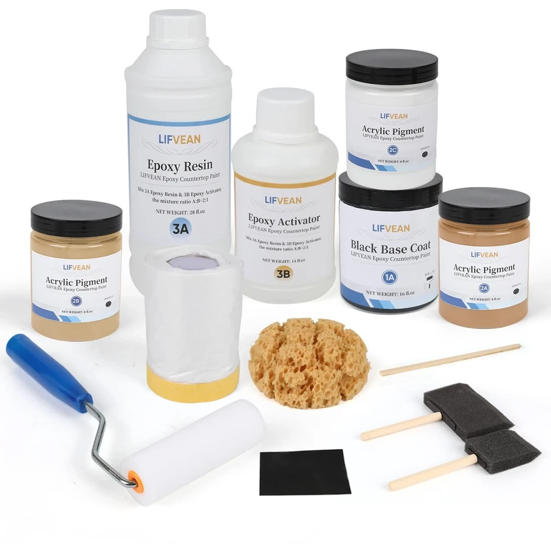 LIFVEAN Epoxy Countertop Paint Refinishing Kit, Kitchen Bathroom Glossy Coating for Marble, Granite, Laminate, Ceramic Tile, Cover 40 sq.ft, Warm Sand