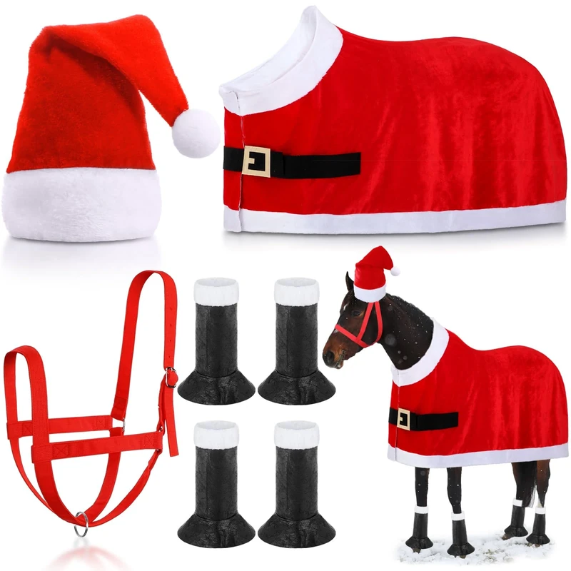 Paterr 7 Pcs Christmas Horse Accessory Set Xmas Santa Elf Horse Cape Halters Leg Wraps Hat Tack Costume Set