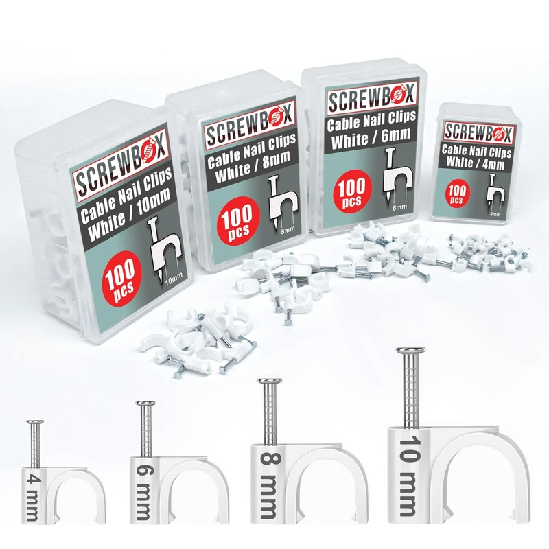 SCREWBOX® Cable Clips, 400 Pcs Durable White Wire Clips -4/6/8/10mm, Round Nail Clips, 4 Sizes (4mm, 6mm, 8mm, 10mm), Cable Tacks Wire Tidy Clips, Electrical Cable Management Clips.