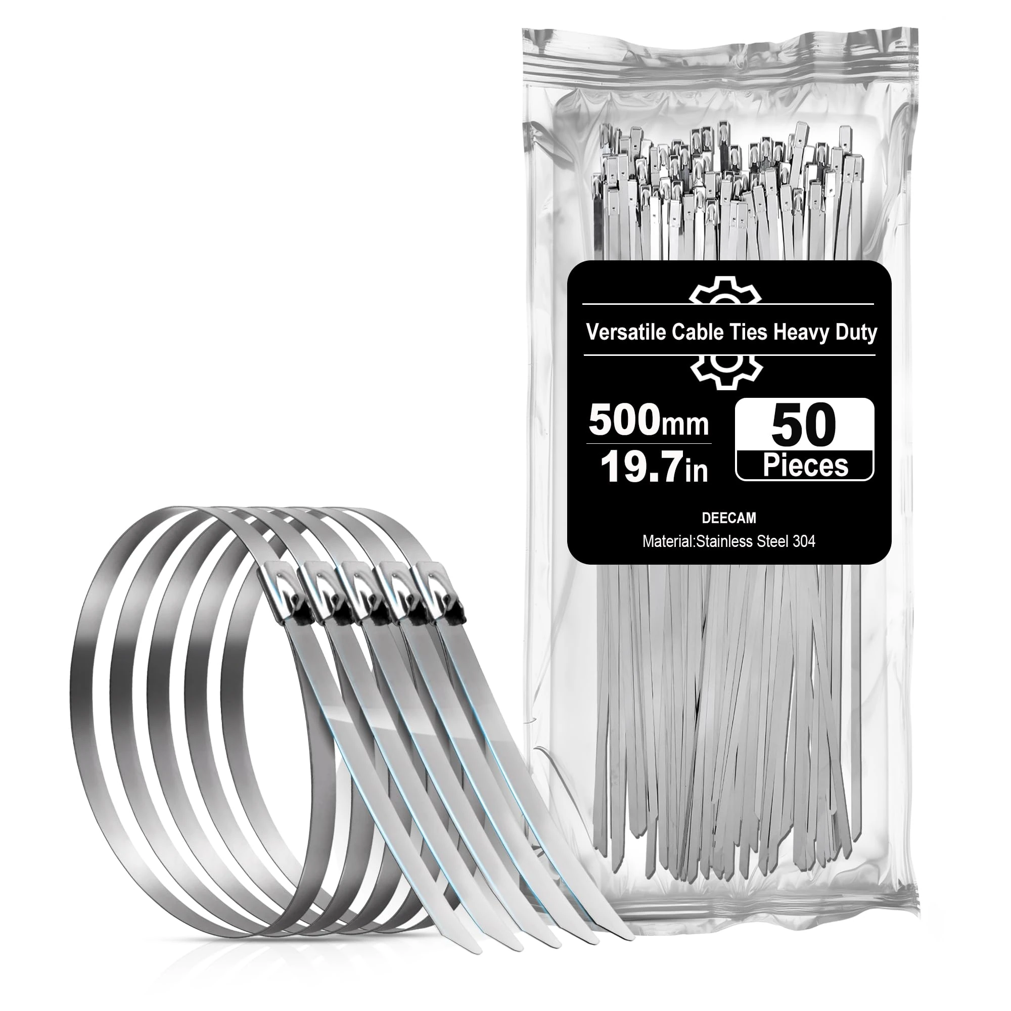 Stainless Steel Cable Ties, Deecam 50 Pcs 4.6×500mm Metal Cable Tie, 304 Stainless Zip Ties with Steel Ball Stopper, Suitable for Exhaust Wrapping, Binding Tie, Garden Repair and Fixed Fence(50 Pcs)