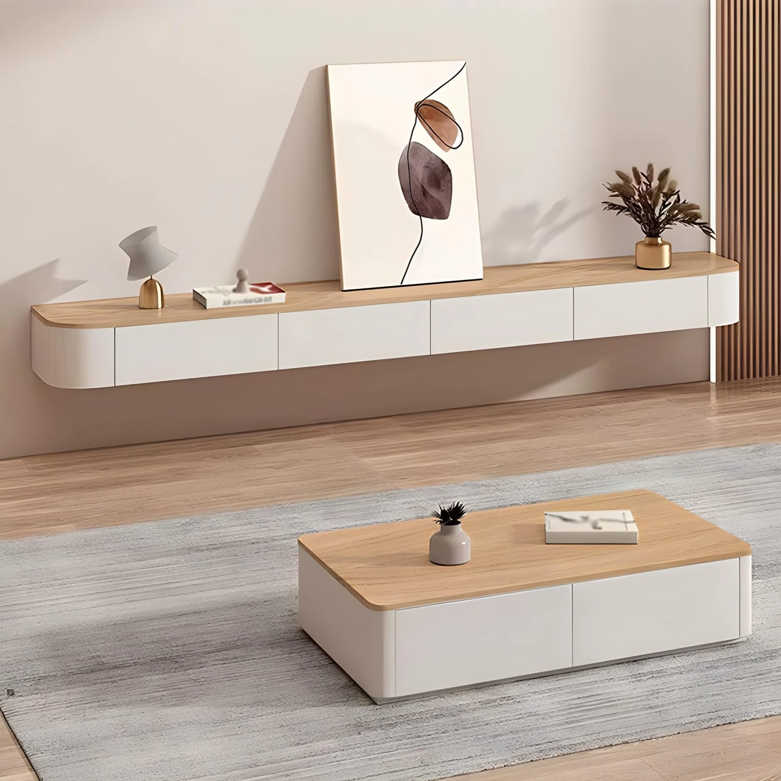 Solid Wood Entertainment Center With Large Storage & Shelves Wall Mounted TV Storage Cabinet With Door Modern Floating TV Unit With Drawer Sleek TV Cabinet For Apartments(Natural,280cm)