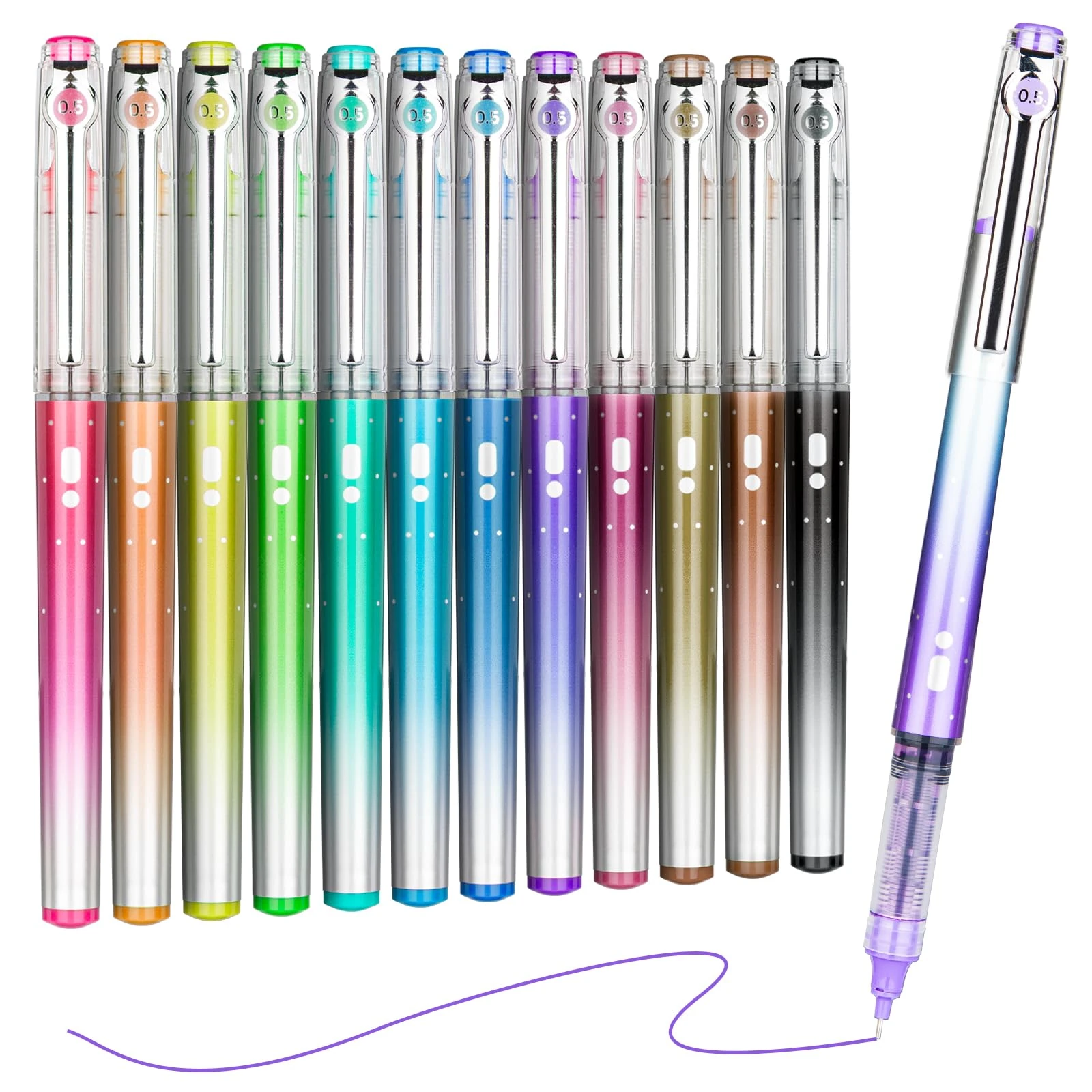 KERIFI Liquid Ink Rollerball Pens, 12 Coloured Pens, Smooth Writing, Quick Dry, 0.5mm Gel Ink Pens for Writing, Journaling, Drawing, High Capacity, No Bleed & Smear Smudge Stationery Supplies