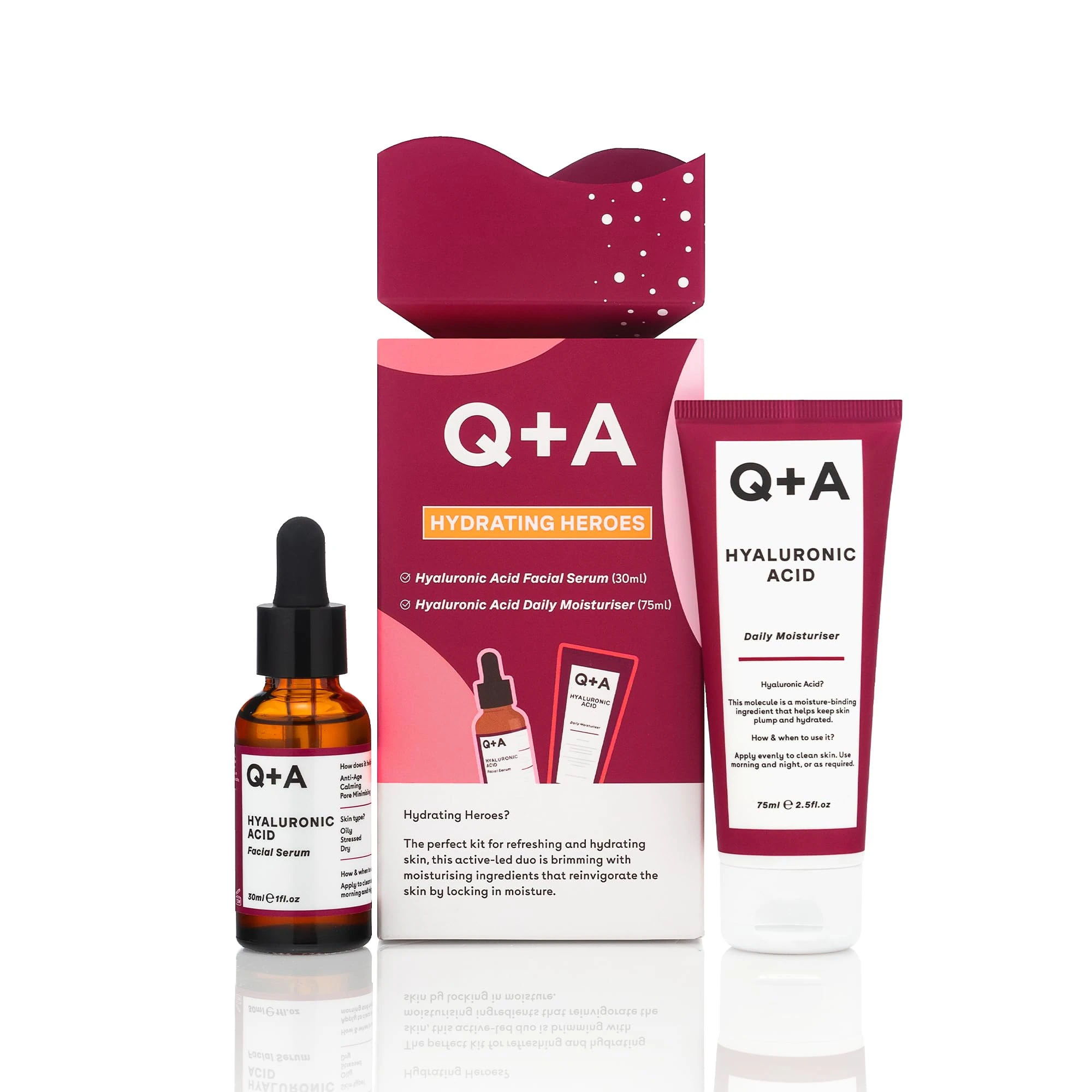 Q+A Hydrating Heroes Skincare Gift Set, Contains Hyaluronic Acid Facial Serum 30ml, Hyaluronic Acid Daily Moisturiser 75ml, Natural Hydration for All Skin Types, Softens & Plumps for Radiant Glow