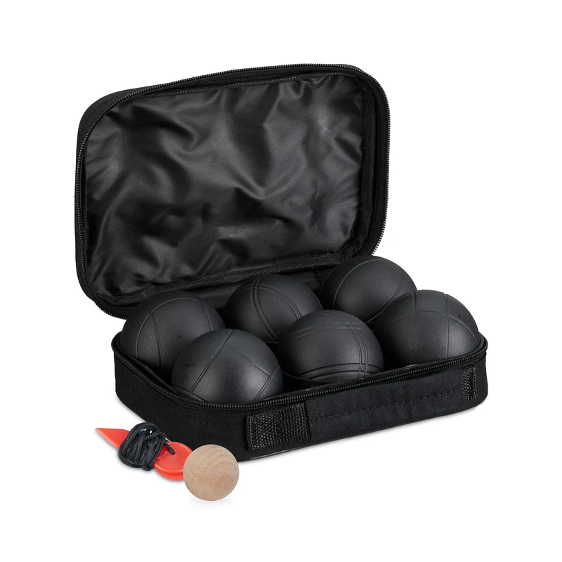 Relaxdays Boules Set, 6 Steel Balls, with Target, Distance Measure & Carrying Bag, Lawn Bowling, Outdoor Game, Black, Nylon, 16 x 23 x 8 cm