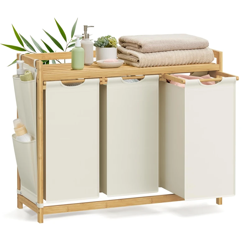 SONGMICS Laundry Basket with 3 Compartments, Laundry Hamper, Holds up to 150 L, Laundry Sorter, with Shelf, Laundry Bag, Side Pockets, 3 x 50 L, 94 x 33 x 78 cm, Cream White RLH115W01