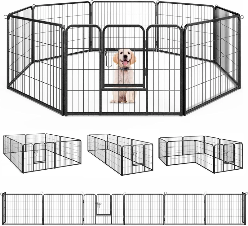 GYMAX Dog Playpen - 8 Panel Metal Fence for Small Dogs, Heavy Duty with Door, Portable for Outdoor & Indoor Use (Black, 79 x 60cm, 8)