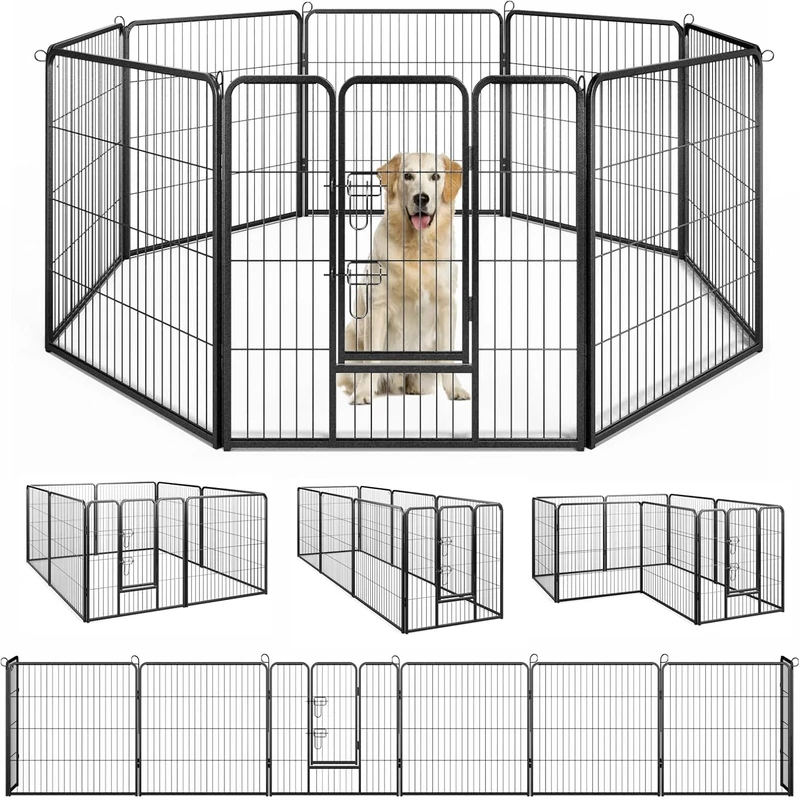 GYMAX Dog Playpen Outdoor Indoor, 8 Panel 60cm/80cm Height Metal Dog Fence for Puppies Small Dogs, Heavy Duty Pet Pen with Door, Portable Pet Fences for Dogs Outside Garden Yard (79 x 80cm)